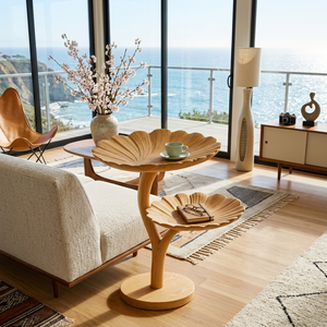 Wooden Side Table With Leaf Shape Top For Living Room