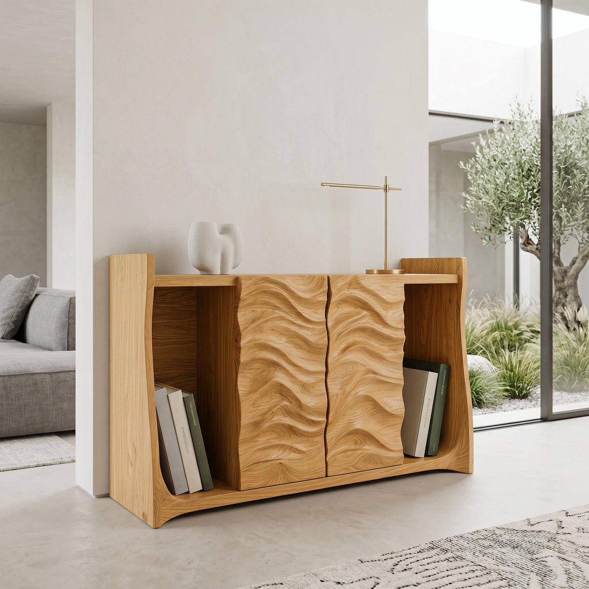 Contemporary Open Bookshelf With Carved Doors For Home Library