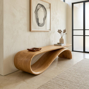 Modern Sculptural Wood Bench For Hallway Accent Decor