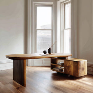 Contemporary Wooden L Desk With Rounded Form For Creative Studio