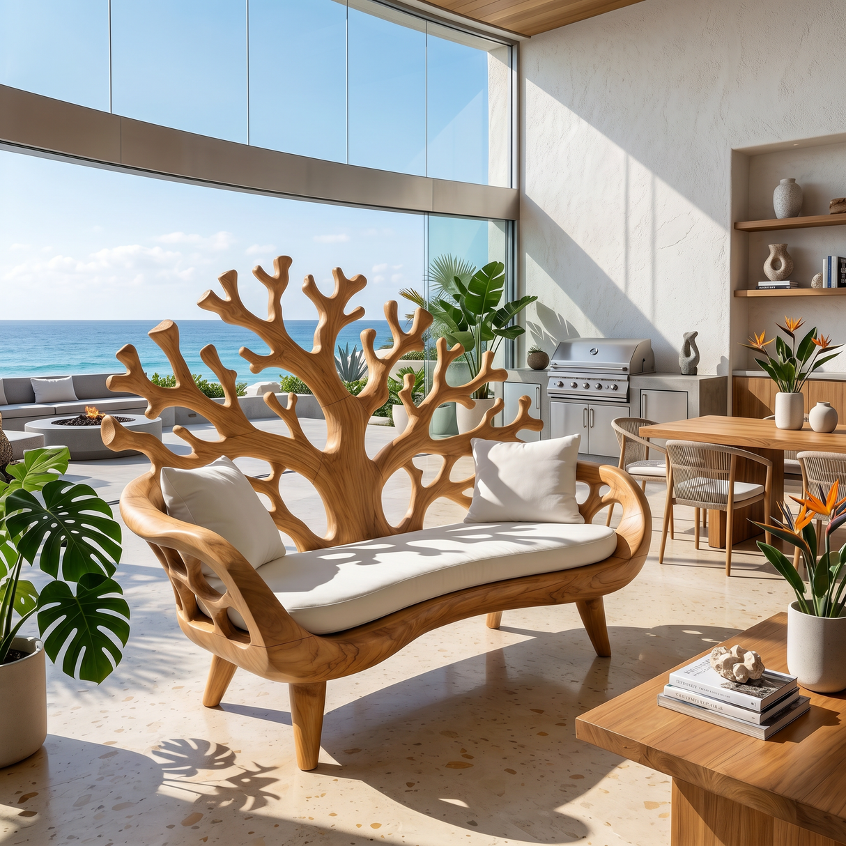 Modern Coral Tree Back Bench For Patio Interior Space