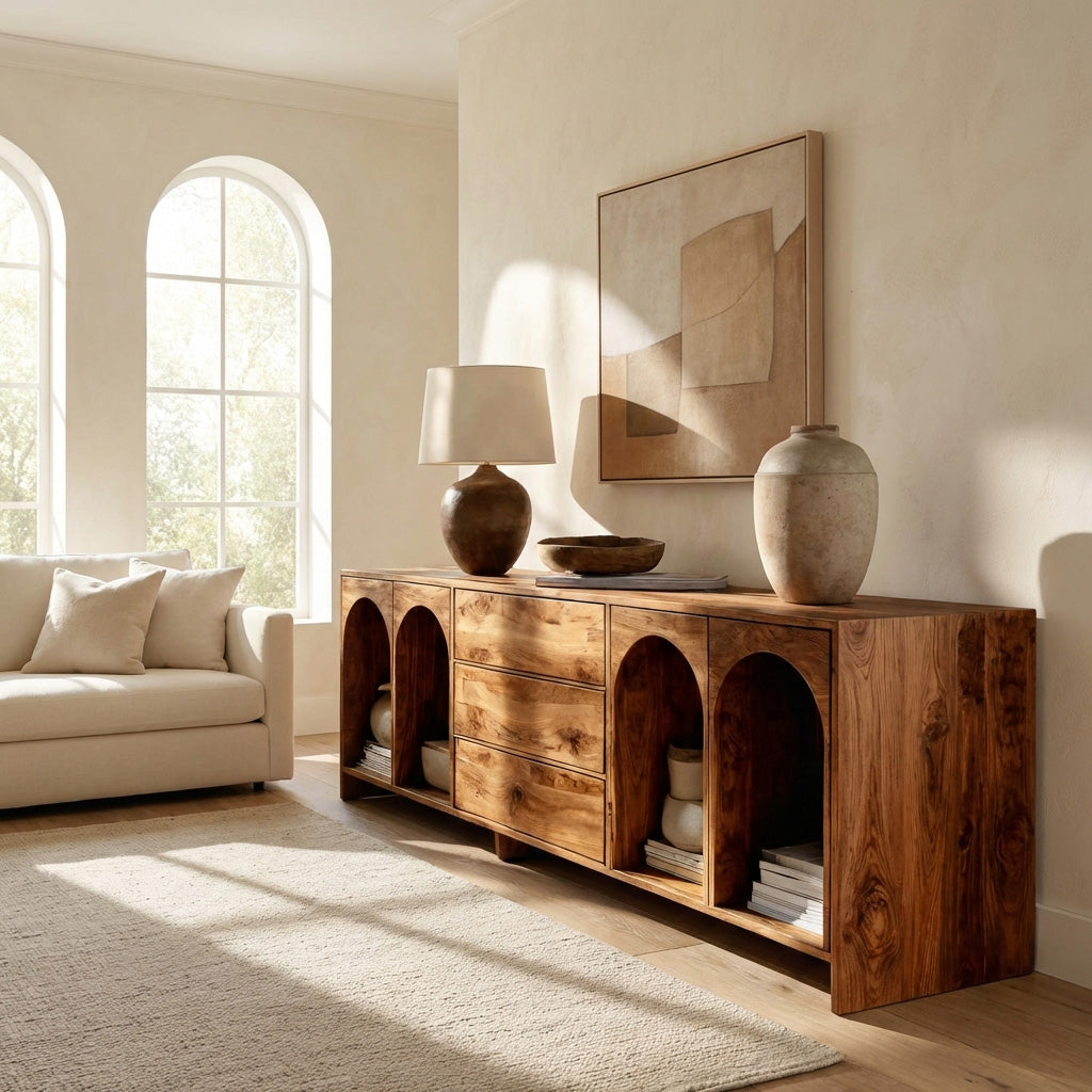 Modern Wooden Sideboard With Arched Compartments For Living Room
