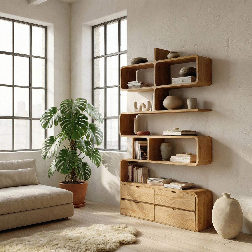 Minimalist Bookshelf With Curved Lines And Storage For Living