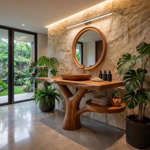 Sculptural Wood Sink Cabinet For Tropical Powder Room