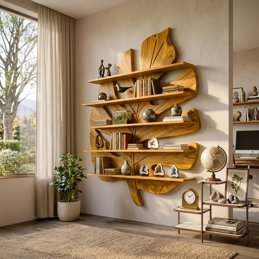 Contemporary Wooden Leaf Bookshelf For Living Room Design