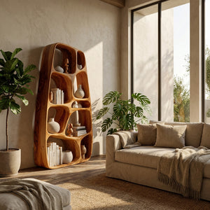 Handcrafted Wooden Sculptural Bookshelf For Living Room