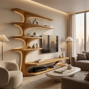 Modern Natural Wood TV Console With Shelving For Living