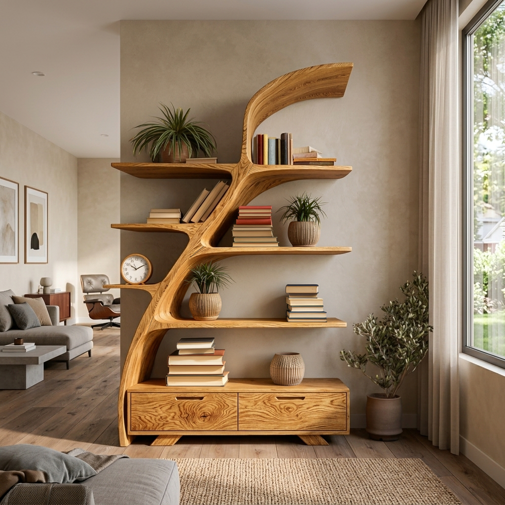 Organic Wooden Bookshelf For Living Area