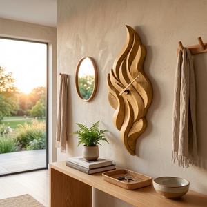 Modern Wooden Wall Clock With Sculptural Wave Carving For Interior