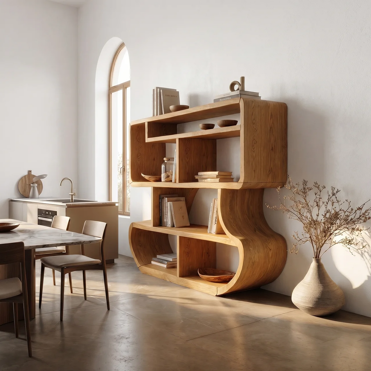 Modern Curved Wooden Bookcase With Integrated Open Storage