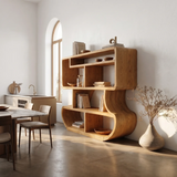 Modern Curved Wooden Bookcase With Integrated Open Storage