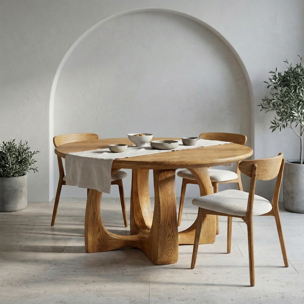 Wooden Round Dining Table With Artistic Base For Dining Room