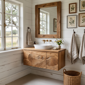Sculptural Bathroom Vanity Wave Texture Wood Cabinet For Luxury Bathroom