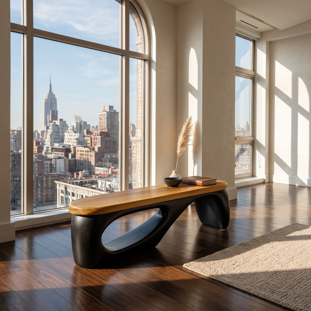 Organic Wooden Bench With Curved Black Base For Home