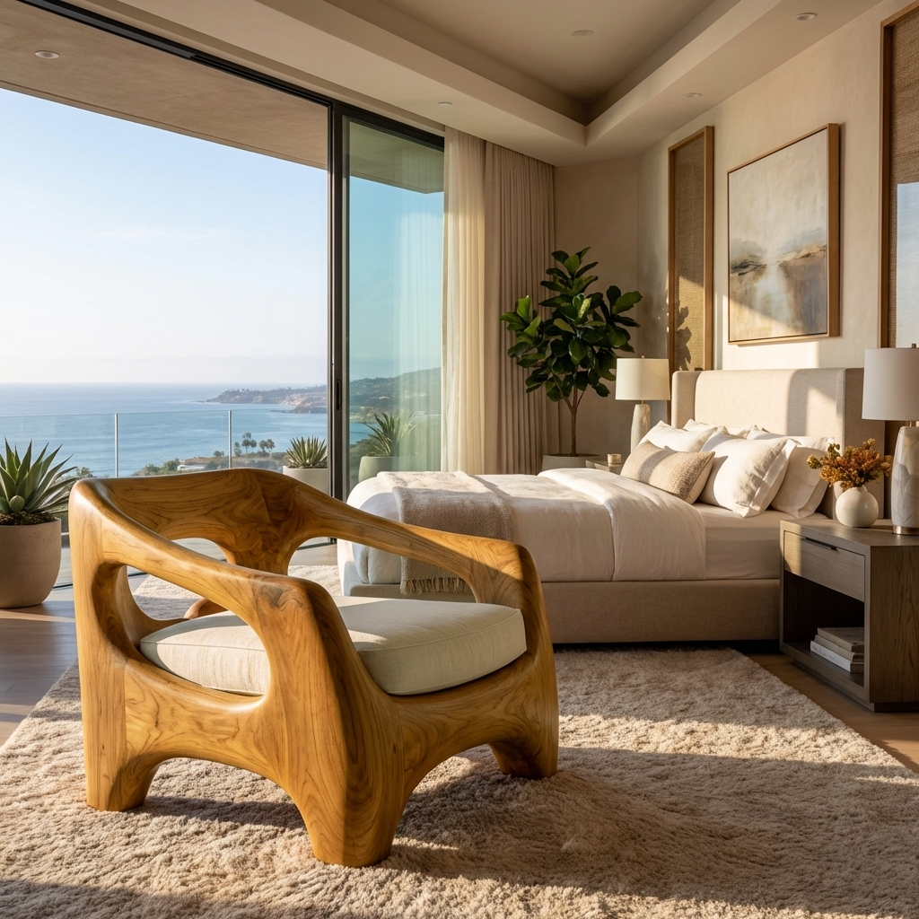 Wooden Armchair With Sculptural Frame For Porch
