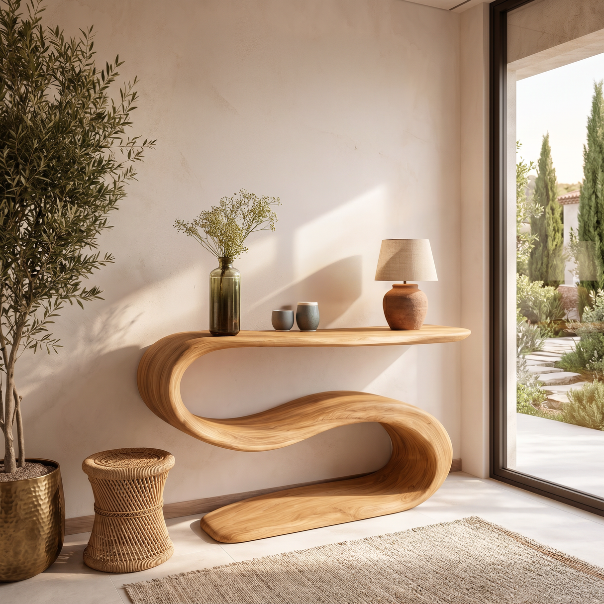 Organic Wooden Console Table With Sculptural Undulating Base For Living