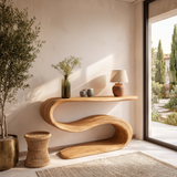 Organic Wooden Console Table With Sculptural Undulating Base For Living