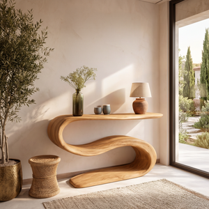 Organic Wooden Console Table With Sculptural Undulating Base For Living