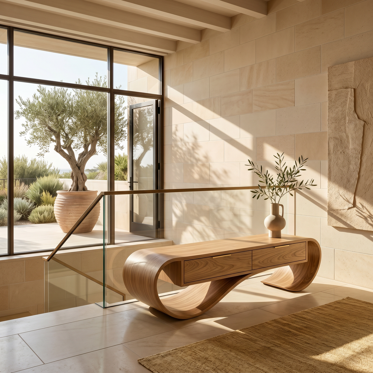 Contemporary Curved Bench With Drawer Storage For Entryway Interior