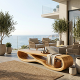 Organic Wooden Bench With Curved Base Form For Entryway Space