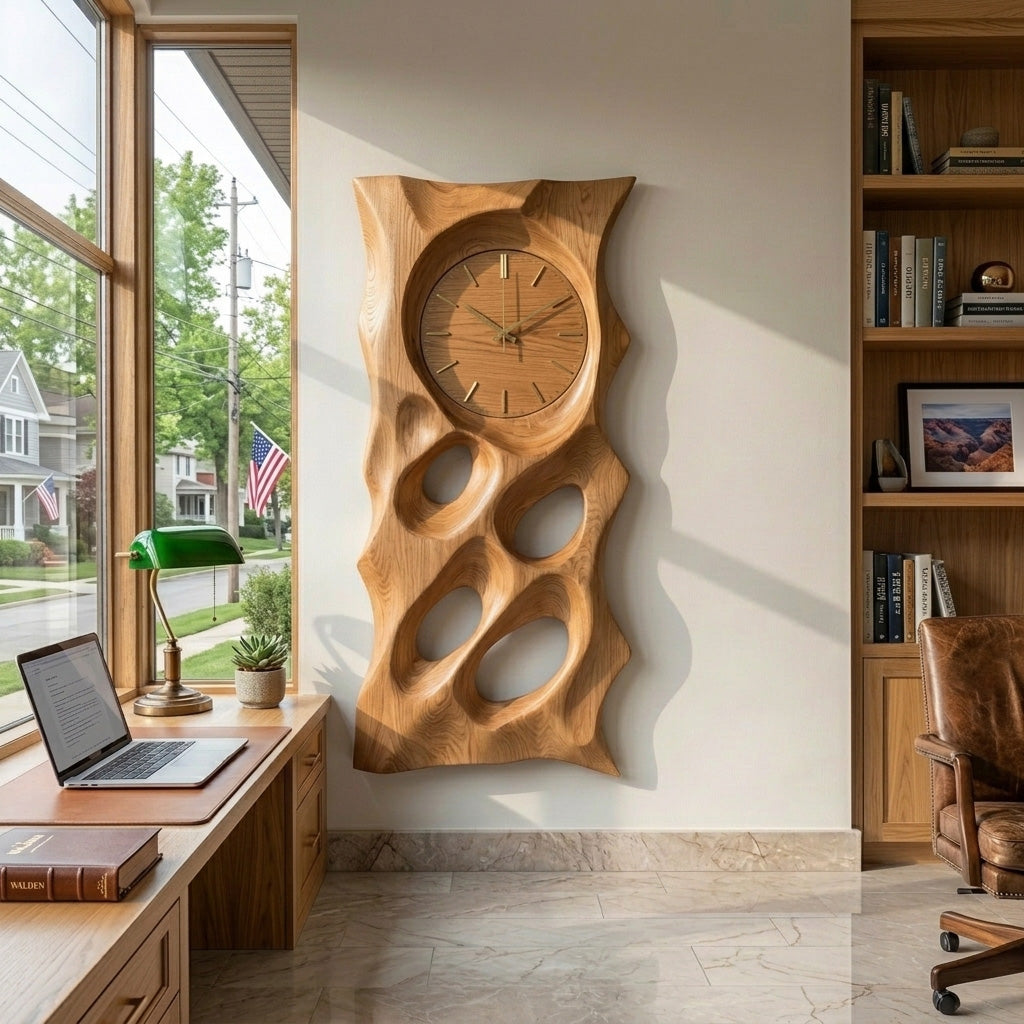 Organic Wooden Wall Clock With Hollow Form For Living Room