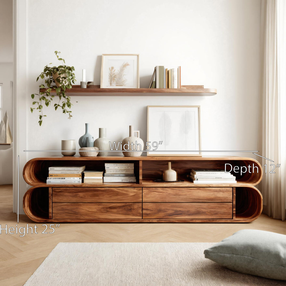 Rounded Edge Cabinet With Open Shelf For Living Room