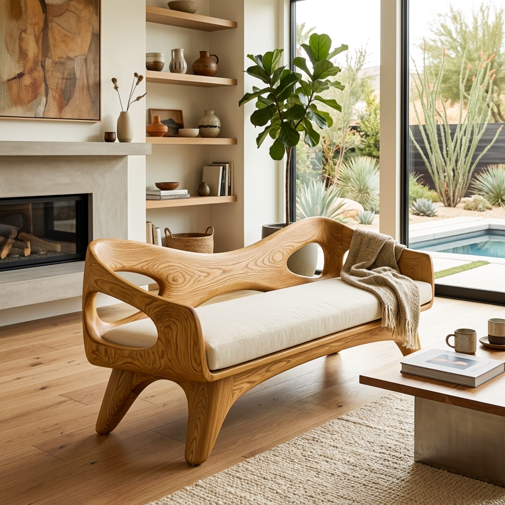 Organic Wooden Sofa With Unique Backrest For Lounge