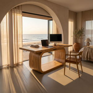 Resort Style Executive Desk With Curved Base For Ocean View Bedroom