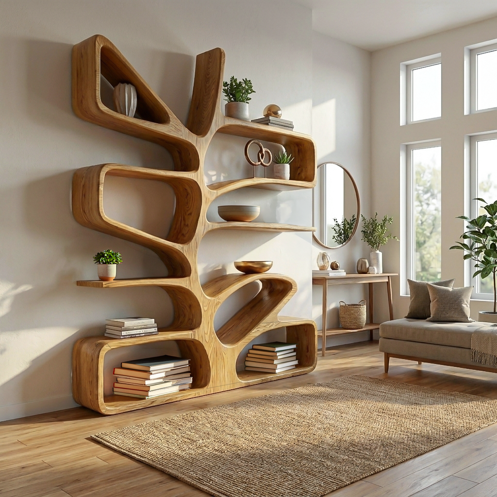 Organic Wooden Bookcase With Sculptural Form For Living Space