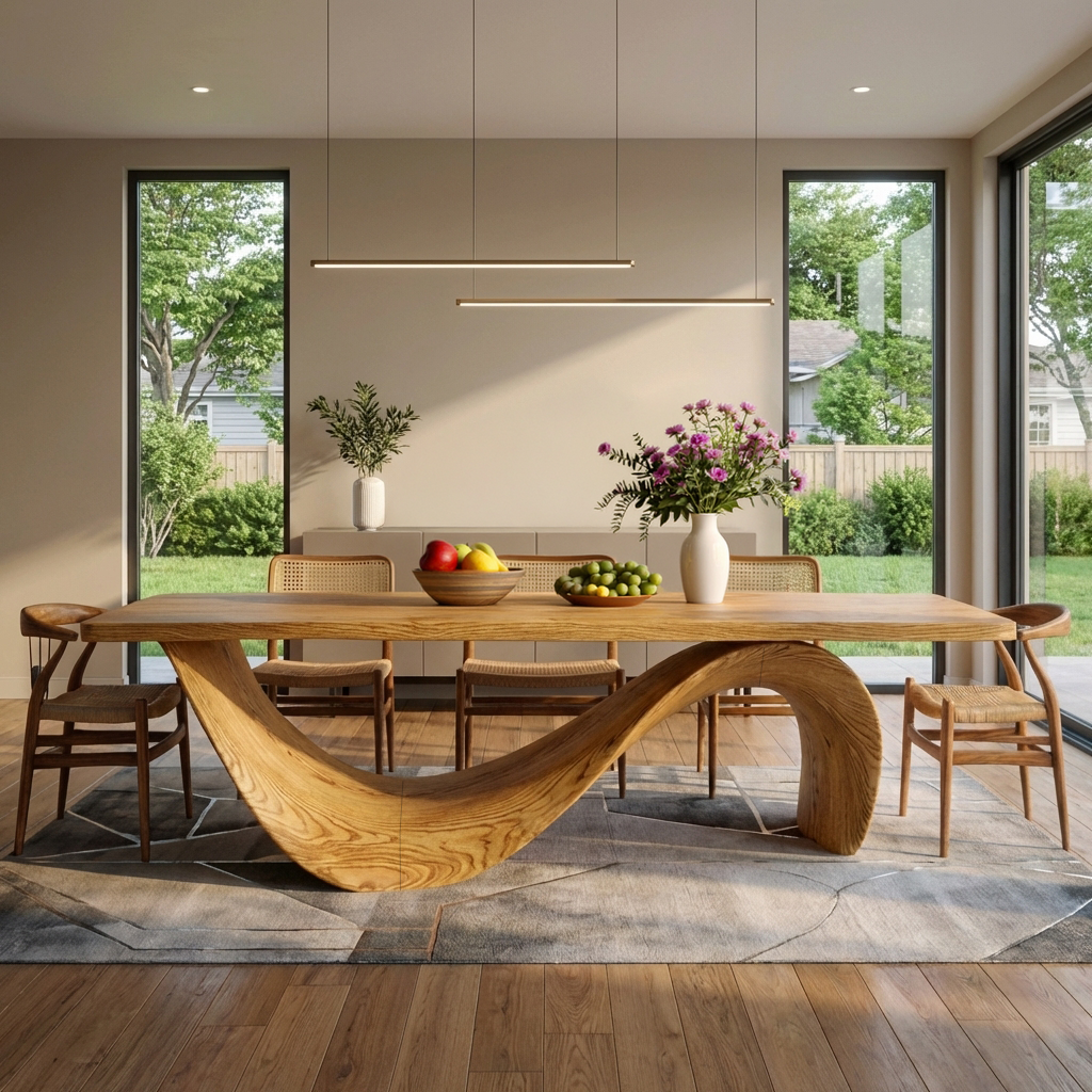 Modern Wooden Dining Table With Curved Base For Dining Area
