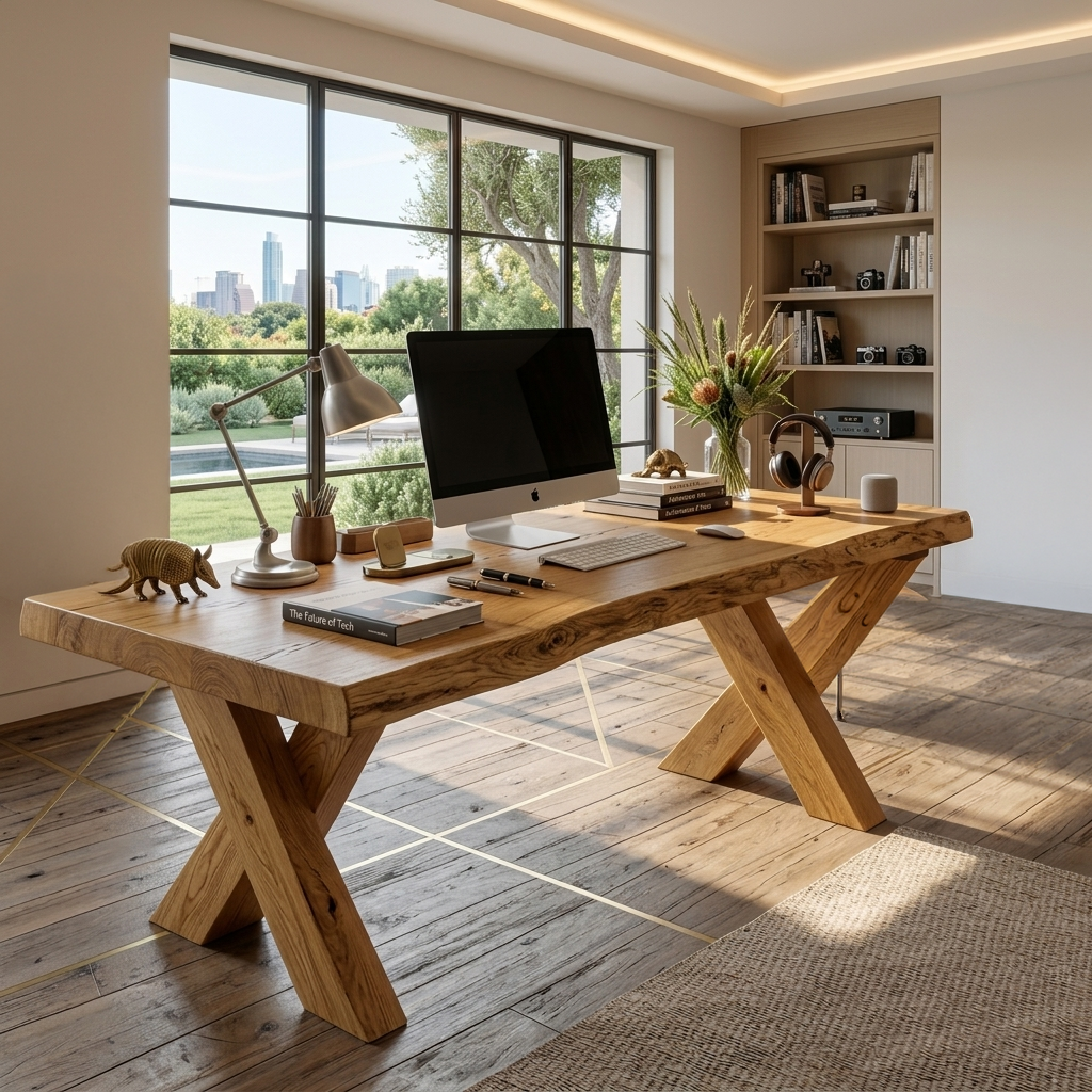 Rustic Live Edge Desk With X Legs For Home Office