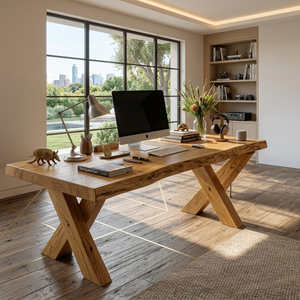 Rustic Live Edge Desk With X Legs For Home Office