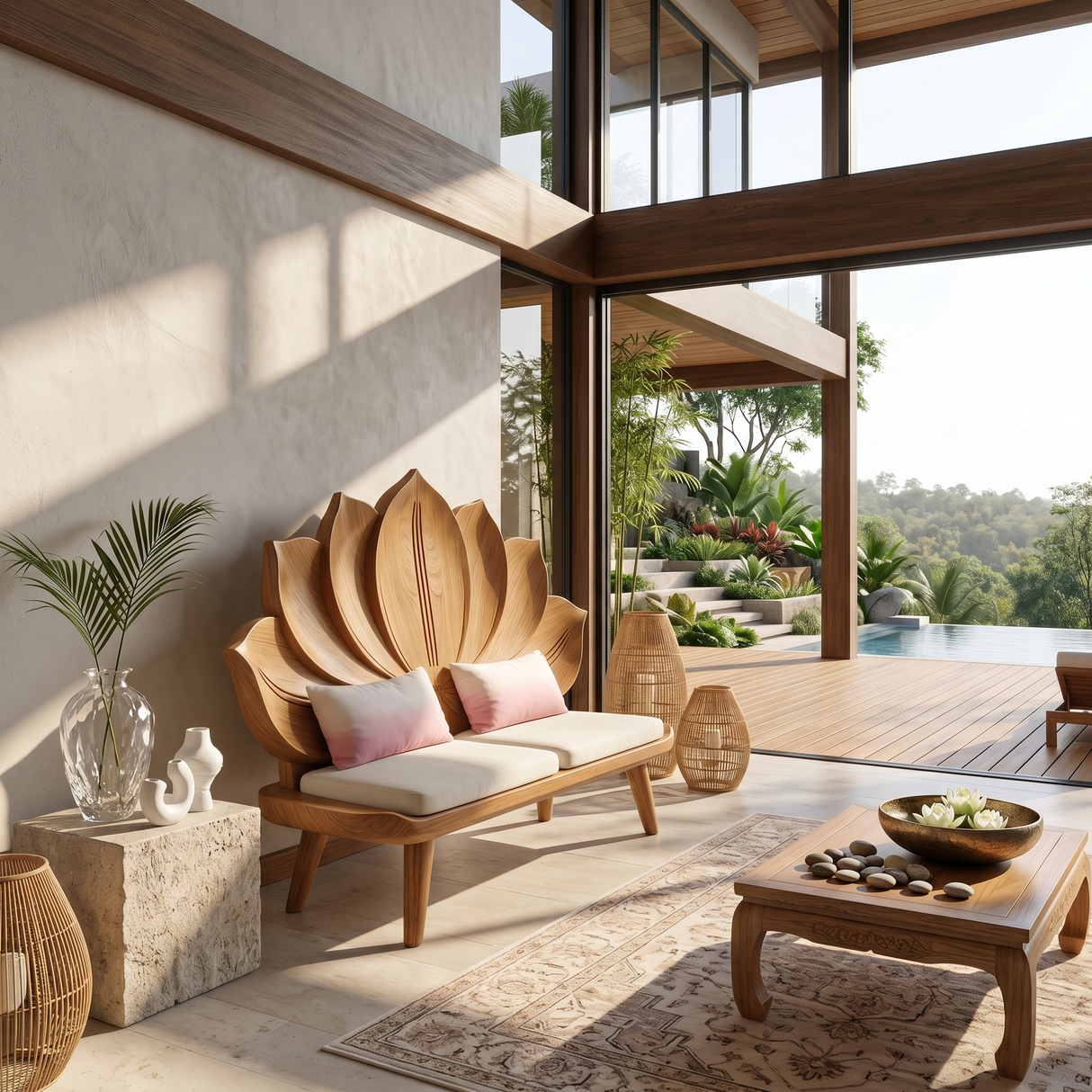 Contemporary Lotus Flower Back Bench For Bedroom Interior Space