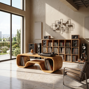 Japandi Curved Record Player Stand Audiophile Room