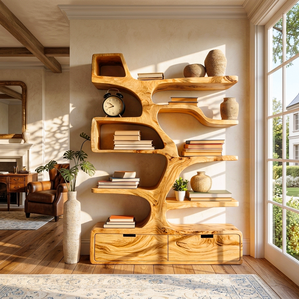 Contemporary Wooden Bookshelf Sculpted Design For Living Space
