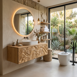 Wooden Floating Bathroom Vanity Wave Carved Cabinet For Bathroom Remodel