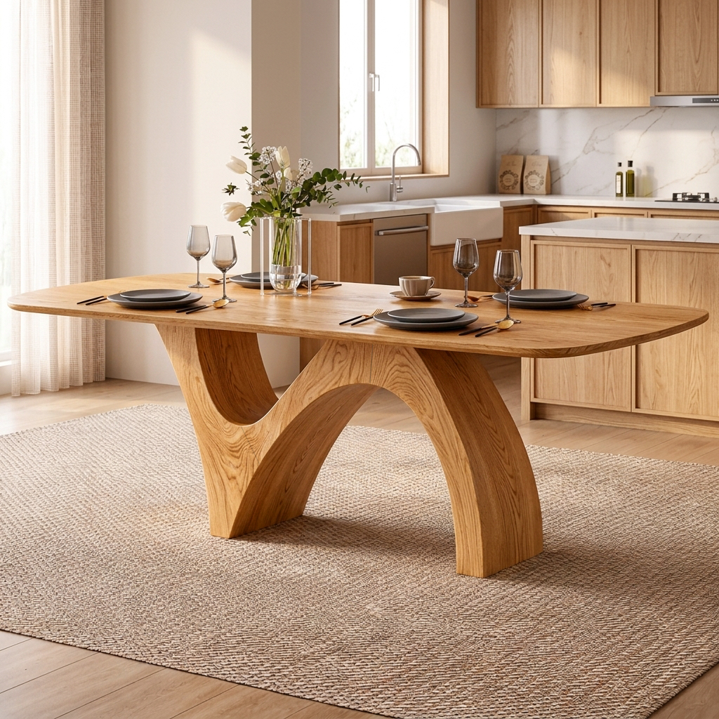 Farmhouse Wooden Dining Table With Organic Shape For Kitchen