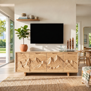 Mountain Carved Media Console For Rustic Living Room