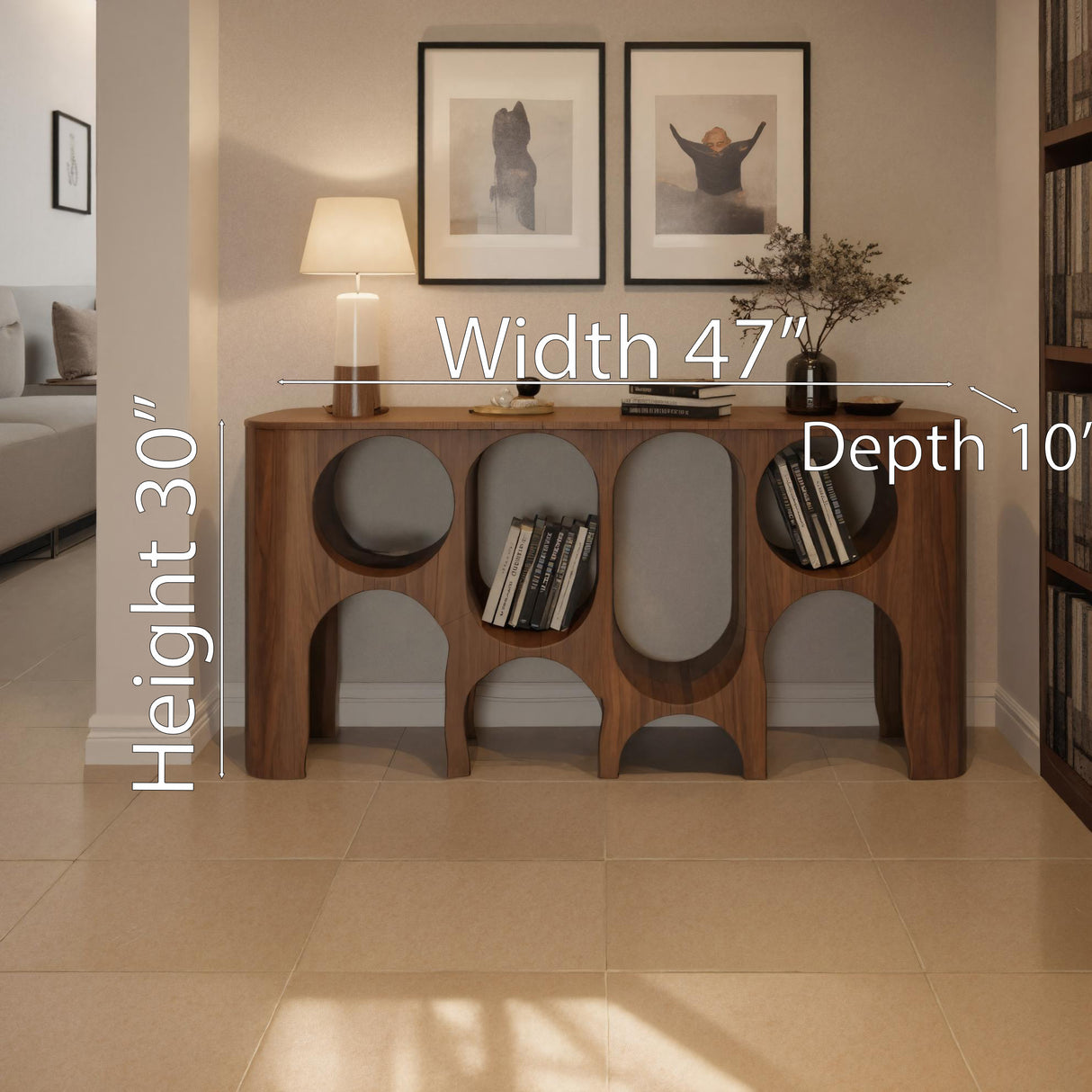 Modern Carved Console Table With Circular Cutout For Entryway