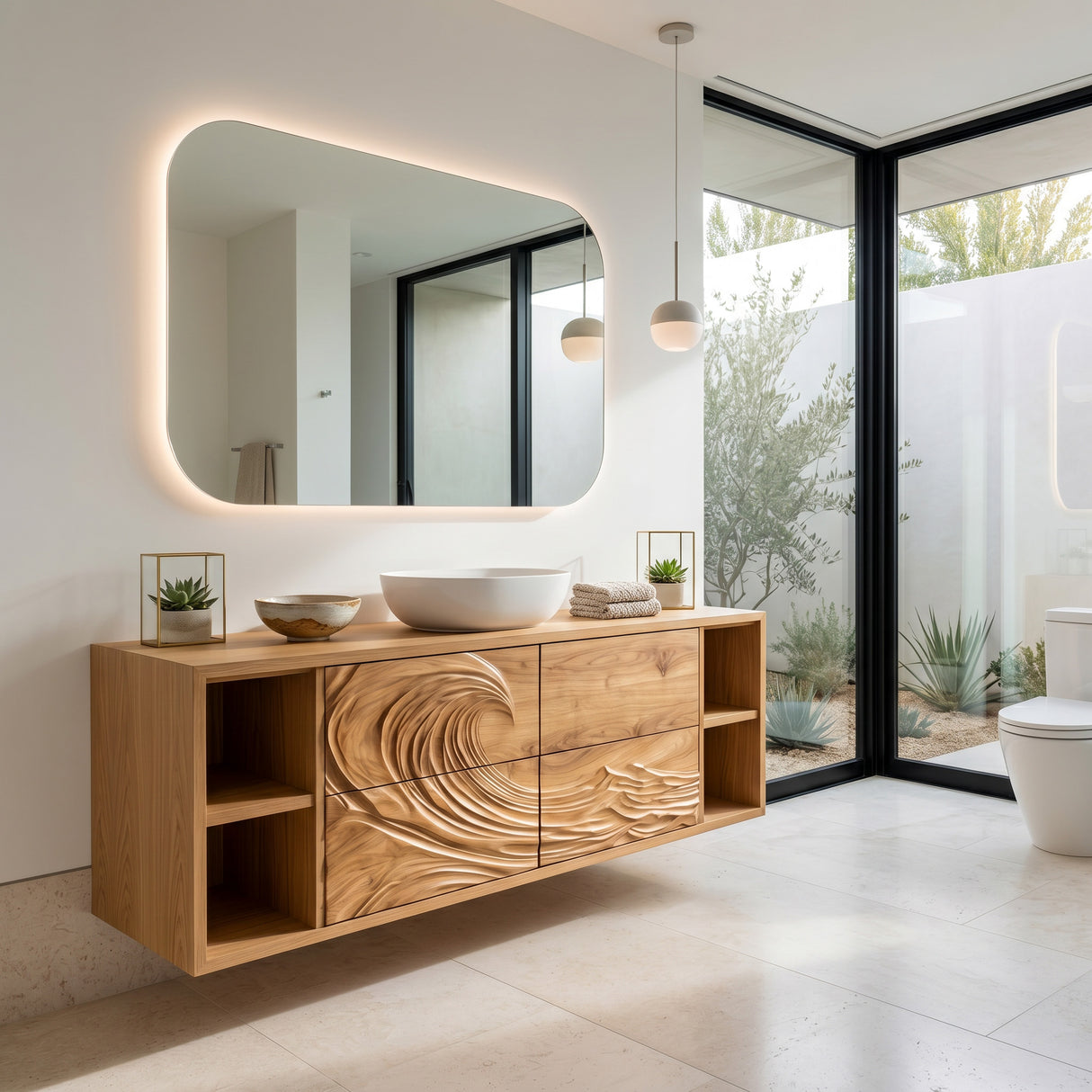 Modern Ocean Wave Bathroom Vanity With Open Storage For Bathroom