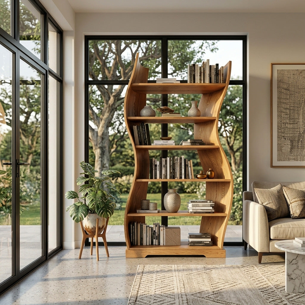 Contemporary Flowing Wooden Bookshelf For Living Room