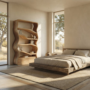 Modern Curved Wooden Bookshelf For Living Room