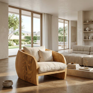 Organic Wooden Armchair With Rounded Frame For Luxury Living Room