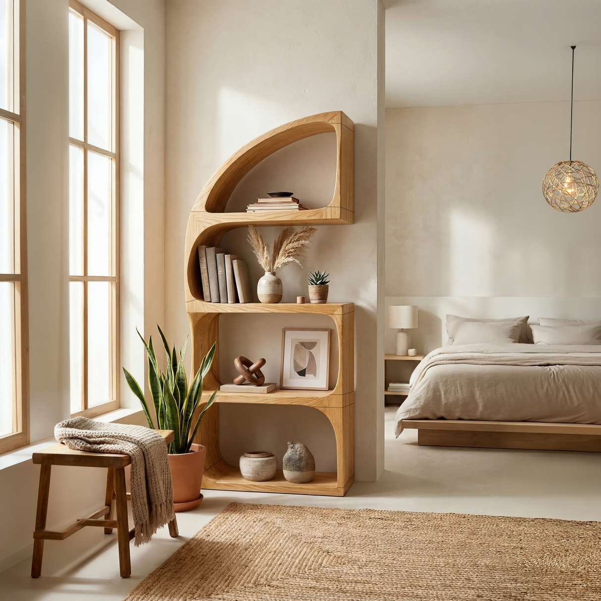 Rustic Farmhouse Curved Bookshelf Bedroom Corner Storage