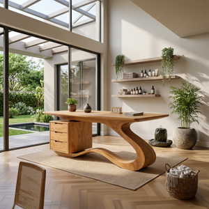 Modern Streamline Desk With Storage Cabinet For Workspace