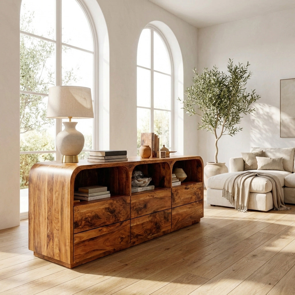 Modern Wood Sideboard With Curved Corners For Living Room