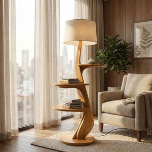 Contemporary Wooden Floor Lamp With Shelf For Living Room