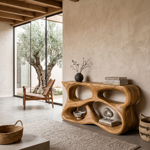 Handcrafted Console Table With Carved Storage Shelves For Contemporary Interior