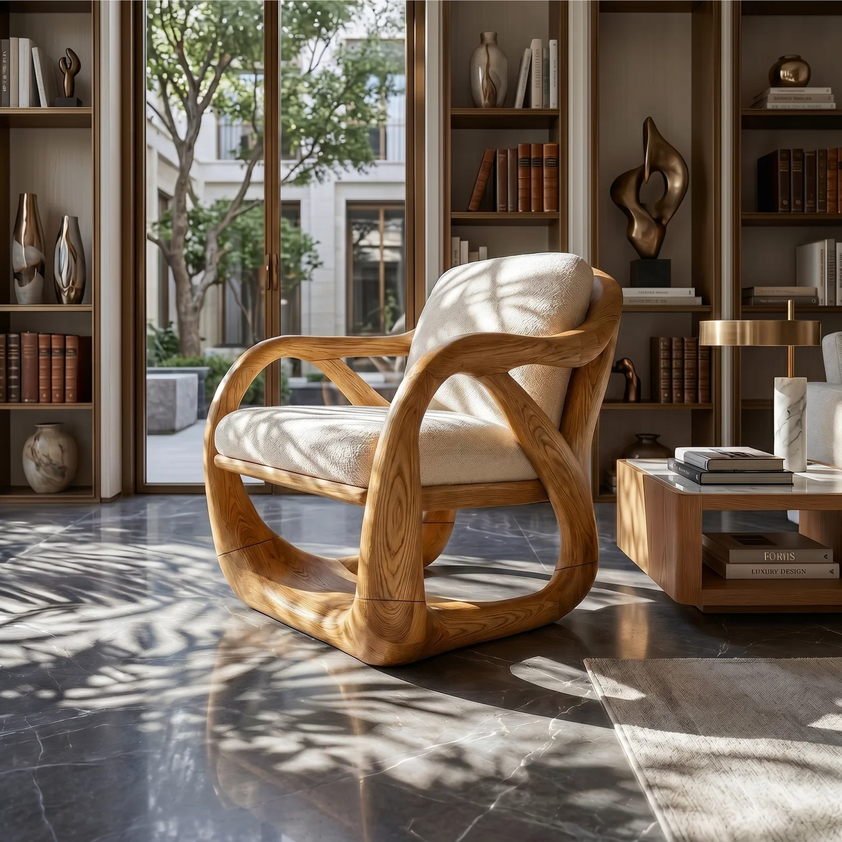 Sculpted Walnut Lounge Chair in a Grand Luxury Living Space