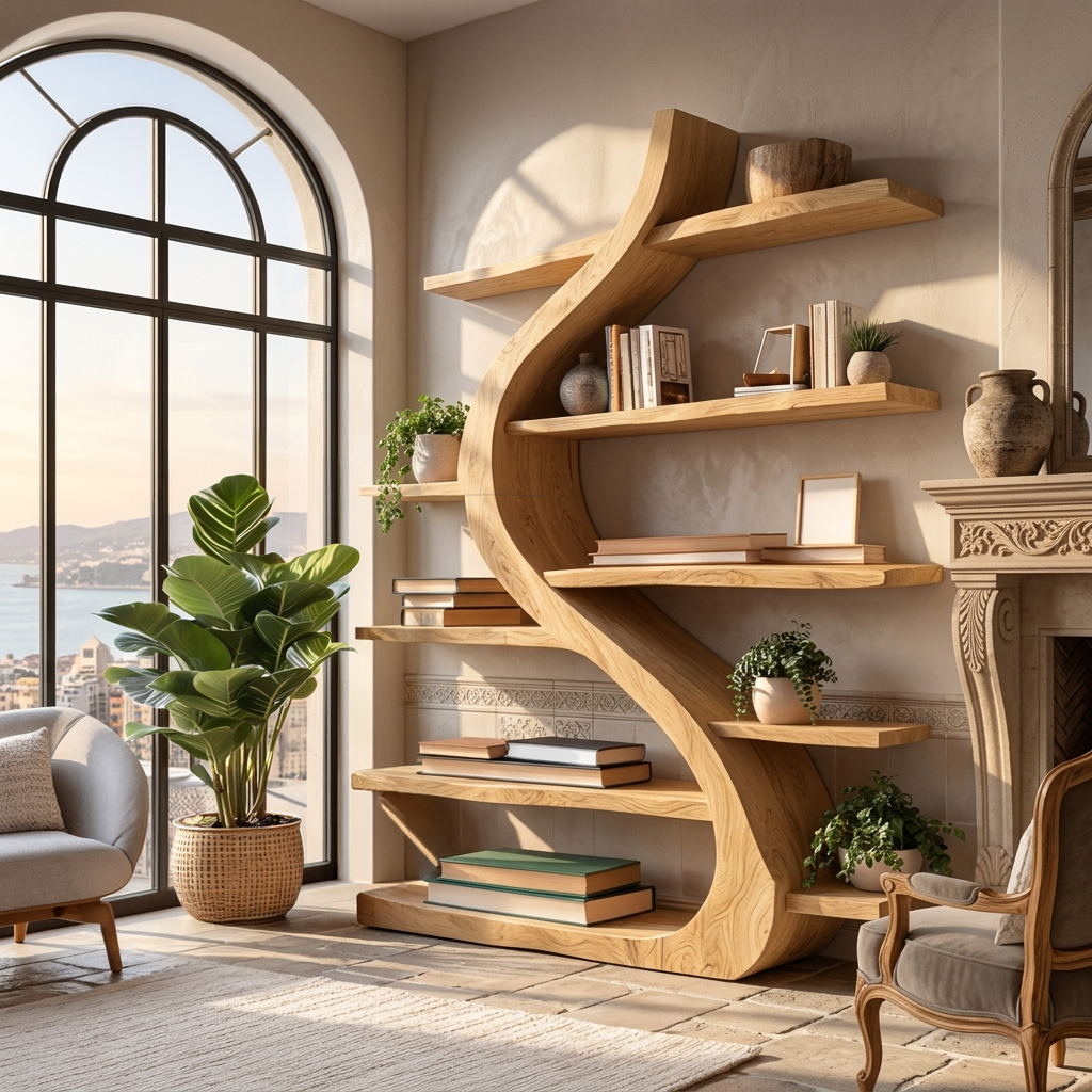 Organic Wooden Bookshelf Soft Curved Design For Home Decor